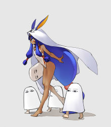Rule 34 | 1girl, animal ears, ass, bare shoulders, barefoot, breasts, cloak, competition swimsuit, dark-skinned female, dark skin, earrings, facial mark, fate/grand order, fate (series), highres, jackal ears, jewelry, kickboard, lamian (pixiv415608), long hair, medjed (fate), nitocris (fate), nitocris (fate/grand order), nitocris (swimsuit assassin) (fate), nitocris (swimsuit assassin) (second ascension) (fate), one-piece swimsuit, purple hair, solo, swimsuit, very long hair
