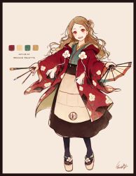 Rule 34 | 1girl, :d, akagi shun, black border, border, brown hair, calligraphy brush, color guide, commentary request, dated, grey background, hair bun, hand fan, jacket, japanese clothes, long hair, looking at viewer, open mouth, original, paintbrush, platform footwear, red eyes, red jacket, signature, simple background, single hair bun, smile, solo, standing