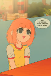 Rule 34 | 1girl, absurdres, child, daughter (yoru mac), el chasconsito, female focus, highres, mcdonald&#039;s, open mouth, orange hair, short hair, short sleeves, smile, solo, spanish text, speech bubble, table, translated, yoru mac