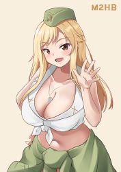 Rule 34 | 1girl, alternate costume, bare arms, between breasts, blonde hair, blush, breasts, character name, cleavage, clothes around waist, collarbone, dog tags, girls&#039; frontline, green hat, green jacket, hand on own hip, hat, highres, jacket, jacket around waist, ki-51 (ampullaria), large breasts, leaning forward, long hair, looking at viewer, m2hb (girls&#039; frontline), midriff, military, military hat, navel, open mouth, simple background, smile, solo, teeth, tongue, waving, yellow background, yellow eyes