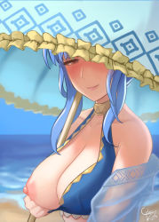 Rule 34 | 1girl, bikini, blush, breasts, ciderwrath, cleavage, fire emblem, fire emblem: three houses, highres, large breasts, looking at viewer, marianne von edmund, naughty face, nintendo, nipples, one breast out, pulled by self, smile, swimsuit, umbrella, upper body