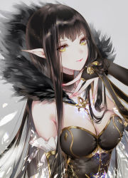 Rule 34 | 1girl, arm up, bare shoulders, black dress, black hair, breasts, bridal gauntlets, cleavage, detached collar, detached sleeves, dress, fate/apocrypha, fate/grand order, fate (series), frills, fur trim, jewelry, kinokohime, large breasts, long dress, long hair, necklace, pink lips, pointy ears, semiramis (fate), smile, solo, spikes, upper body, very long hair, w, yellow eyes
