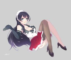 Rule 34 | 10s, 1girl, agano (kancolle), black hair, breasts, elbow gloves, gloves, green eyes, high heels, highres, kantai collection, large breasts, long hair, maid headdress, single thighhigh, skirt, solo, tebi (tbd11), thighhighs
