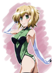 Rule 34 | 1girl, akatsuki kirika, ass, bare shoulders, blonde hair, blush, breasts, covered navel, elbow gloves, from behind, gloves, green eyes, green leotard, highres, leotard, looking at viewer, looking back, medium breasts, senki zesshou symphogear, shiny skin, short hair, smile, solo, standing, striped clothes, striped thighhighs, tappa (esperanza), thighhighs