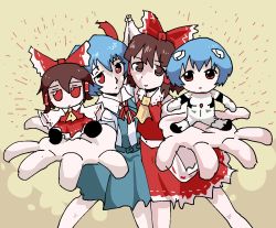 Rule 34 | 2girls, ascot, ayanami rei, blouse, blue hair, bow, brown eyes, brown hair, character doll, closed mouth, detached sleeves, dress, expressionless, feet out of frame, foreshortening, fumo (doll), hair between eyes, hair bow, hairpods, hakurei reimu, looking at viewer, multiple girls, navel, neck ribbon, neon genesis evangelion, pinafore dress, plugsuit, psicochurroz, red bow, red eyes, red ribbon, red shirt, red skirt, rei chikita, ribbon, ribbon-trimmed sleeves, ribbon trim, school uniform, shirt, short hair, short sleeves, shoulder-to-shoulder, skirt, skirt set, sleeveless, sleeveless dress, sleeveless shirt, smile, touhou, wide sleeves, yellow ascot, yellow background
