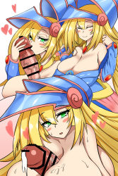 Rule 34 | 1boy, 1girl, alternate breast size, artist request, blonde hair, blush, breasts squeezed together, breasts, breasts out, censored, cleavage, cum, cum on body, cum on breasts, cum on upper body, dark magician girl, dark skin, erection, green eyes, hair between eyes, heart, helmet, hetero, highres, kissing penis, large breasts, long hair, looking at another, looking at viewer, magical girl, multiple views, nipples, nude, open mouth, paizuri, penis, seductive smile, sequential, smile, solo focus, sweat, topless, upper body, veins, veiny penis, yu-gi-oh!
