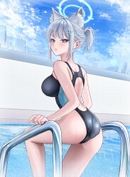 Rule 34 | 1girl, absurdres, animal ear fluff, animal ears, ass, black one-piece swimsuit, blue archive, blue eyes, blue sky, breasts, cloud, competition swimsuit, cross hair ornament, extra ears, feet out of frame, from behind, grey hair, hair ornament, halo, highres, looking at viewer, low ponytail, medium breasts, medium hair, mismatched pupils, multicolored clothes, multicolored swimsuit, official alternate costume, one-piece swimsuit, pool, pool ladder, rosumini, shiroko (blue archive), shiroko (swimsuit) (blue archive), sky, solo, swimsuit, water, wet, wet clothes, wet swimsuit, wolf ears