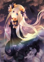 Rule 34 | 1girl, abigail williams (fate), artist request, black bow, black dress, black hat, blonde hair, bloomers, blue eyes, blush, bow, breasts, closed mouth, dress, fate/grand order, fate (series), forehead, gradient sky, hair bow, hat, head tilt, long hair, looking at viewer, looking back, multiple hair bows, orange bow, parted bangs, polka dot, polka dot bow, purple sky, ribbed dress, sky, sleeves past fingers, sleeves past wrists, small breasts, smile, tentacles, twilight, underwear, white bloomers