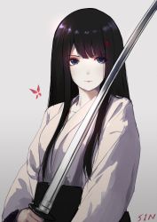 Rule 34 | 1girl, blue eyes, caidychen, closed mouth, commentary, grey background, hair ornament, hairclip, highres, holding, holding sword, holding weapon, japanese clothes, kimono, long hair, long sleeves, looking at viewer, original, sash, simple background, solo, sword, weapon, white kimono