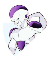 Rule 34 | 1boy, alien, armor, body modification, colored skin, cropped torso, dragon ball, dragonball z, evil smile, frieza, highres, liyamou, looking at viewer, male focus, no eyebrows, pauldrons, pectorals, shoulder armor, sideways glance, smile, solo, tail raised, toned, toned male, white background, white skin