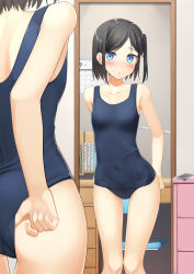 Rule 34 | 1girl, absurdres, adjusting clothes, adjusting swimsuit, apollo (hu maple), black hair, blue eyes, blue one-piece swimsuit, bookshelf, breasts, collarbone, commentary request, cowboy shot, desk, highres, looking at mirror, mirror, one-piece swimsuit, one side up, original, reflection, school swimsuit, small breasts, solo, standing, swimsuit