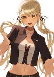 Rule 34 | 1girl, :d, absurdres, belt, black jacket, black ribbon, blonde hair, breasts, brown belt, crop top, dark-skinned female, dark skin, gyaru, hair ornament, hair ribbon, highres, jacket, jewelry, kaminari qpi, kaminari qpi (3rd costume), kisaragi edda, long hair, looking at viewer, medium breasts, midriff, navel, necklace, open mouth, orange eyes, outstretched arms, ribbon, simple background, smile, solo, spiked necklace, swept bangs, tank top, tooth necklace, very long hair, virtual youtuber, vspo!, white background, white tank top, x hair ornament