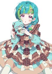 Rule 34 | 1girl, blue dress, blue hair, blunt bangs, bow, commentary request, dress, facial mark, feet out of frame, frilled dress, frills, green hair, green nails, hair ornament, highres, idol clothes, long sleeves, looking at viewer, multicolored hair, nail polish, omega auru, omega auru (primagista), open mouth, pink eyes, pretty series, short hair, simple background, sitting, solo, streaked hair, stuffed animal, stuffed toy, teddy bear, tsujii luki, waccha primagi!, white background, white bow, x hair ornament