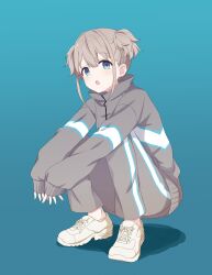Rule 34 | 1girl, :o, arms on knees, blue background, blue eyes, blue stripes, dot nose, double-parted bangs, earrings, full body, grey hair, grey jacket, grey pants, hair between eyes, hashtag-only commentary, highres, idolmaster, idolmaster shiny colors, jacket, jewelry, light blush, looking at viewer, looking to the side, medium hair, open mouth, pants, rgst (ramgester), serizawa asahi, short twintails, sideways glance, simple background, slav squatting, sleeves past wrists, solo, squatting, thick eyelashes, three quarter view, track jacket, track pants, track suit, twintails, v arms, white footwear, white stripes