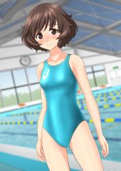 Rule 34 | 1girl, absurdres, akiyama yukari, aqua one-piece swimsuit, arms at sides, asics, blurry, blurry background, blush, breasts, brown eyes, brown hair, clothes writing, collarbone, competition swimsuit, cowboy shot, depth of field, embarrassed, emblem, from behind, girls und panzer, gluteal fold, highres, lane line, legs apart, logo, looking at viewer, multiple views, nose blush, one-piece swimsuit, pool, poolside, short hair, small breasts, standing, swept bangs, swimsuit, takafumi, thighs, water, wavy hair