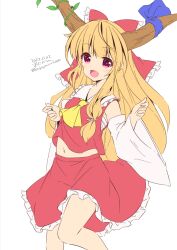Rule 34 | ascot, bow, chest sarashi, commentary request, cosplay, dated, detached sleeves, enjoy mix, hair bow, hakurei reimu, hakurei reimu (cosplay), horn ornament, horn ribbon, horns, ibuki suika, long hair, looking at viewer, navel, open mouth, orange hair, purple ribbon, red bow, red eyes, red shirt, red skirt, ribbon, sarashi, shirt, signature, simple background, skirt, touhou, twitter username, white background, yellow ascot