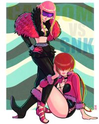 Rule 34 | 2girls, breasts, capcom, cleavage, covered eyes, crossover, fur collar, gloves, hair over eyes, hand on own hip, highres, jaliet exe, large breasts, looking at viewer, manon legrand, multiple girls, outside border, pink hair, ponytail, red hair, shermie (kof), sitting, snk, street fighter, street fighter 6, sunglasses, the king of fighters, the king of fighters xv, thighs, trait connection