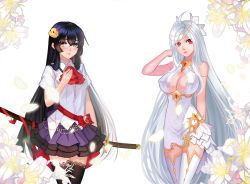 Rule 34 | 2girls, ahoge, arms behind back, bare shoulders, bird hair ornament, black hair, black legwear, blush, breasts, cleavage, closed mouth, collared shirt, covered erect nipples, cowboy shot, douyougen, dress, floral background, flower, grey hair, hair ornament, hand on own chest, head tilt, huge breasts, katana, lace, lace-trimmed legwear, lace trim, lily (flower), long hair, looking at viewer, medium breasts, multiple girls, original, red eyes, red ribbon, ribbon, sheath, sheathed, shirt, short sleeves, smile, sword, thighhighs, very long hair, weapon, white background, white dress, white legwear, white shirt, wing collar, yellow eyes