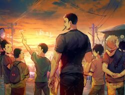 Rule 34 | black hair, carrying, character request, city, cloud, dokuga, dorohedoro, eye tattoo, food, food in mouth, highres, holding another&#039;s arm, kai (dorohedoro), male focus, motion lines, multiple boys, orange sky, outdoors, panco, piggyback, popsicle, popsicle in mouth, short hair, sideburns, sky, spoken zzz, sunset, tetsujo, translation request, zzz