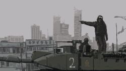 Rule 34 | cityscape, gun, highres, machine gun, military uniform, military vehicle, motor vehicle, ruins, tank, uniform, weapon, yihan1949