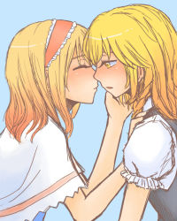 Rule 34 | 2girls, alice margatroid, ascot, blonde hair, blush, braid, capelet, couple, closed eyes, hairband, hand on another&#039;s cheek, hand on another&#039;s face, imminent kiss, kirisame marisa, long hair, multiple girls, nip to chip, no headwear, open mouth, short hair, side braid, touhou, yellow eyes, yuri