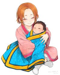 Rule 34 | 2boys, aged down, baby, black hair, brothers, child, chinese clothes, closed eyes, hug, kingdom (series), mabui (poloon), male focus, mole, mouki (kingdom), mouten (kingdom), multiple boys, orange hair, siblings
