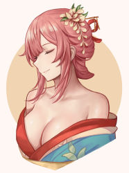 Rule 34 | 1girl, bare shoulders, breasts, carcano m1891 (girls&#039; frontline), chinese clothes, cleavage, closed eyes, closed mouth, flower, girls&#039; frontline, hair between eyes, hair flower, hair ornament, hairclip, highres, medium breasts, medium hair, official alternate costume, pink hair, profile, r93 (wisteria minstrel) (girls&#039; frontline), selcky, simple background, smile, solo focus