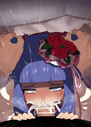 Rule 34 | 1boy, 1girl, absurdres, bar censor, blue eyes, blue hair, blunt bangs, censored, commentary request, commission, cum, cum in mouth, cum overflow, fellatio, flower, furudo erika, hair flower, hair ornament, hands on another&#039;s head, hetero, highres, irrumatio, long hair, long sleeves, looking at viewer, mizumizuni, oral, penis, pov, red flower, skeb commission, solo focus, symbol-shaped pupils, tears, umineko no naku koro ni, white sleeves