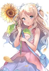 Rule 34 | 1girl, :o, absurdres, bag, bare arms, bare shoulders, blonde hair, blue bag, blue eyes, blush, commentary request, dan gan, dress, flower, hair ribbon, highres, holding, holding flower, long hair, looking at viewer, original, pink dress, ribbon, solo, sunflower, twintails, wavy hair, white ribbon, yellow flower