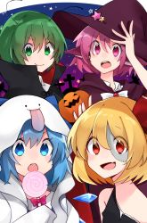Rule 34 | 4girls, animal ears, antennae, black cloak, blonde hair, blue eyes, blue hair, bow, bowtie, cirno, cloak, fang, ghost costume, green eyes, green hair, hair ribbon, halloween, hat, highres, ice, ice wings, katsuobushi (eba games), looking at viewer, multiple girls, mystia lorelei, open mouth, purple eyes, purple hair, red bow, red bowtie, red eyes, red ribbon, ribbon, rumia, short hair, smile, team 9 (touhou), teeth, touhou, upper teeth only, vampire costume, white bow, white bowtie, wings, witch, witch hat, wriggle nightbug, zombie costume