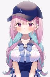 Rule 34 | 1girl, blue hair, blush, braid, breasts, hat, highres, hololive, long hair, low twintails, minato aqua, minato aqua (sailor), multicolored hair, purple eyes, shokorate, simple background, solo, twin braids, twintails, two-tone hair, virtual youtuber, white background