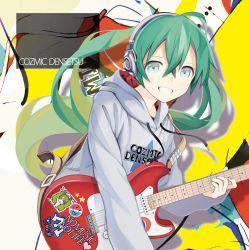 Rule 34 | 1girl, :d, floating hair, green eyes, green hair, grey sweater, grin, guitar, hair between eyes, hatsune miku, headphones, heart, highres, holding, holding instrument, instrument, kari kenji, long hair, looking at viewer, open mouth, smile, solo, star (symbol), star print, sweater, twintails, upper body, vocaloid