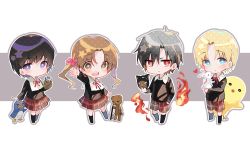 Rule 34 | 2boys, 2girls, :d, animal, arm up, axe, bird, black hair, black shirt, blonde hair, blue eyes, bow, brown eyes, brown hair, cat mask, character request, chibi, chick, collared shirt, fire, gakuen alice, grey background, grey outline, hair between eyes, hair bow, holding, holding mask, hyuuga natsume, imai hotaru, long hair, long sleeves, mask, multiple boys, multiple girls, open mouth, ouri (aya pine), outline, outstretched arm, parted bangs, penguin, pink bow, plaid, plaid shirt, plaid skirt, pleated skirt, purple eyes, red eyes, red shorts, red skirt, sakura mikan, school uniform, shirt, shorts, skirt, smile, stuffed animal, stuffed toy, teddy bear, twintails, two-tone background, very long hair, white background