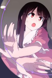 Rule 34 | 1girl, :o, black hair, foreshortening, houraisan kaguya, japanese clothes, long hair, maimai (game), nurupo (abooon), open hands, open mouth, sleeves rolled up, solo, sweat, touhou