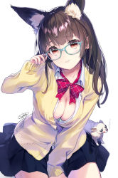 Rule 34 | 1girl, adjusting eyewear, animal, animal ear fluff, black skirt, blush, bow, bowtie, bra, breasts, brown hair, cardigan, chihuahua, cleavage, closed mouth, collared shirt, commentary request, dog, fingernails, glasses, green-framed eyewear, green bra, hand up, head tilt, long hair, long sleeves, medium breasts, original, pleated skirt, red bow, red bowtie, red eyes, sanbasou, school uniform, shirt, signature, simple background, sitting, skirt, sleeves past wrists, solo, translation request, underwear, white background, white shirt, yellow cardigan