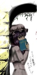 Rule 34 | 1girl, against wall, arch, book, circlek, covering own mouth, female focus, from side, hat, long sleeves, looking at viewer, mob cap, patchouli knowledge, purple eyes, solo, touhou, upper body