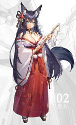 Rule 34 | 1girl, animal ear fluff, animal ears, bare shoulders, bell, black hair, blue eyes, breasts, bright pupils, cleavage, collar, facial mark, floral print, fox ears, fox tail, full body, gohei, hair ornament, hakama, hakama skirt, highres, japanese clothes, jingle bell, large breasts, long hair, looking at viewer, miko, neck bell, original, sandals, shide, skirt, solo, standing, tail, very long hair, white legwear, whoisshe, wide sleeves, zoom layer