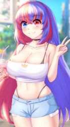 Rule 34 | 1girl, alear (female) (fire emblem), alear (fire emblem), alternate costume, anisdrawn, bare shoulders, blue eyes, blue hair, blurry, blurry background, blush, breasts, camisole, cleavage, commentary request, cowboy shot, crop top, cup, cutoffs, denim, denim shorts, disposable cup, fire emblem, fire emblem engage, hand up, heterochromia, highres, holding, holding cup, large breasts, long hair, looking at viewer, midriff, multicolored hair, navel, nintendo, outdoors, red eyes, red hair, short shorts, shorts, smile, solo, spaghetti strap, standing, stomach, streaked hair, thighs, two-tone hair, v, very long hair