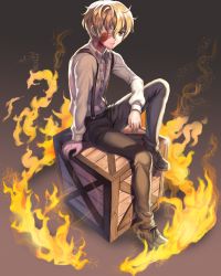 Rule 34 | 1boy, bandage over one eye, bandages, blonde hair, blood, blood on clothes, crate, dio (mad father), eyes visible through hair, fire, hc (razel1), looking at viewer, mad father, male focus, one eye covered, pants, short hair, sitting, solo, suspenders, yellow eyes