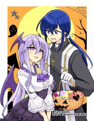 Rule 34 | 1boy, 1girl, alternate costume, blue hair, brother and sister, dress, fire emblem, fire emblem: genealogy of the holy war, halloween, halloween bucket, halloween costume, julia (fire emblem), long hair, looking at another, nintendo, open mouth, ponytail, purple eyes, purple hair, seliph (fire emblem), siblings, simple background, yukia (firstaid0)