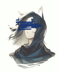 Rule 34 | 1boy, animal ear fluff, animal ears, arknights, black hair, censored, guisha, highres, horse ears, identity censor, long hair, male focus, parted lips, portrait, roy (arknights), simple background, smile, solo, white background
