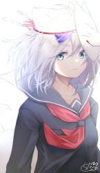 Rule 34 | 1girl, animal ears, black sailor collar, black shirt, blue eyes, breasts, chita (ketchup), closed mouth, collarbone, fox ears, fox girl, fox mask, fox tail, grey hair, hair between eyes, highres, looking at viewer, mask, mask on head, neckerchief, original, red neckerchief, sailor collar, shirt, signature, small breasts, solo, tail, upper body, white background