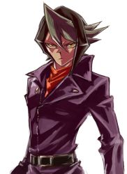 Rule 34 | 1boy, belt, black hair, coat, cowboy shot, flipped hair, frown, grey hair, hair between eyes, highres, jacket, kurosaki shun, leather, leather jacket, long sleeves, looking at viewer, male focus, multicolored hair, pisoshi, scarf, serious, short hair, simple background, solo, spiked hair, trench coat, turtleneck, two-tone hair, white background, yellow eyes, yu-gi-oh!, yu-gi-oh! arc-v, zipper