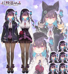 Rule 34 | 1girl, :d, ^ ^, angel and devil, angel wings, animal, animal ear fluff, animal ears, animal on shoulder, black footwear, black hair, black jacket, black wings, blue hair, breasts, brown pantyhose, cat, cat ears, closed eyes, closed mouth, commentary request, demon wings, detached wings, expressions, fang, fang out, feathered wings, flower, hair between eyes, hair bun, hexagram hair ornament, holding, holding microphone, jacket, kurenai akane, long hair, long sleeves, medium breasts, microphone, mole, mole under eye, multicolored hair, multiple views, nail polish, neck ribbon, o o, open clothes, open jacket, open mouth, pantyhose, project-sp, purple skirt, red eyes, red flower, red ribbon, ribbon, satsuki misuzu, shirt, shoes, side bun, single hair bun, single side bun, skirt, sleeves past wrists, smile, sparkle, standing, turn pale, two-tone hair, virtual youtuber, white shirt, white wings, wings