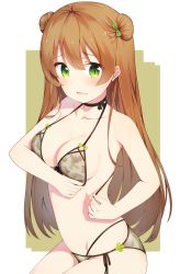 Rule 34 | 1girl, absurdres, bare arms, bare shoulders, bikini, black choker, blush, bow, breasts, brown hair, camouflage, camouflage bikini, choker, cleavage, collarbone, commentary request, double bun, eyebrows, fang, front-tie top, gin00, girls&#039; frontline, green bow, green eyes, groin, hair between eyes, hair bow, hair bun, hair ornament, halterneck, highres, long hair, looking at viewer, medium breasts, open mouth, rfb (girls&#039; frontline), side-tie bikini bottom, simple background, solo, stomach, swimsuit, untied bikini, wavy mouth