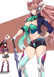 Rule 34 | 2girls, aqua eyes, belt, black hair, black shorts, breasts, cleavage, commentary request, crop top, cropped jacket, fingerless gloves, gloves, goggles, goggles on head, hand on own hip, own hands clasped, headgear, heart, large breasts, long hair, maria cadenzavna eve, midriff, multiple girls, navel, own hands together, pink eyes, pink hair, ponytail, race queen, scarf, senki zesshou symphogear, senki zesshou symphogear xd unlimited, short shorts, shorts, showgirl skirt, smile, spoken heart, sweatdrop, thighhighs, tobisawa, tsukuyomi shirabe, umbrella