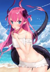 Rule 34 | 1girl, arm behind back, bare shoulders, bikini, blue eyes, blue sky, blush, closed mouth, cloud, cloudy sky, commentary request, curled horns, day, dragon girl, dragon horns, dragon tail, elizabeth bathory (fate), elizabeth bathory (fate/extra ccc), fate/extra, fate/extra ccc, fate (series), finger to mouth, frilled bikini, frills, hair between eyes, hair ribbon, hand up, highres, horizon, horns, idemitsu, leaning forward, long hair, looking at viewer, ocean, outdoors, pink hair, pointy ears, purple ribbon, ribbon, sky, solo, swimsuit, tail, tail raised, two side up, very long hair, water, white bikini