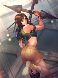 1girl, armor, ass, back, bare shoulders, blurry, blurry background, bob cut, breasts, brown eyes, brown hair, brown shorts, commentary, cropped sweater, dutch angle, final fantasy, final fantasy vii, fishnets, from behind, gloves, headband, highres, holding, holding weapon, huge weapon, leg up, looking at viewer, looking back, midriff, ribbed sweater, running, seed01010, shoes, short hair, shorts, shuriken, sleeveless, sleeveless turtleneck, small breasts, smile, solo, sweater, turtleneck, turtleneck sweater, twisted torso, weapon, yellow footwear, yuffie kisaragi
