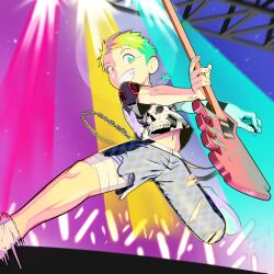 Rule 34 | 1boy, child, denim, electric guitar, guitar, highres, instrument, jeans, male focus, multicolored hair, navel, original, pants, plectrum, shotarinisfw, skull print, smile, solo, spread legs, stage, stage lights, teeth, torn clothes, torn jeans, torn pants, two-tone hair, white footwear