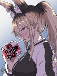 Rule 34 | 1girl, animal ear fluff, animal ears, black hair, blonde hair, blush, commentary request, day, delinquent, drinking, drinking straw, ear piercing, fangs, gradient background, gradient hair, hadashi no kenji, highres, jacket, juice box, multicolored hair, original, piercing, ponytail, red eyes, solo, upper body